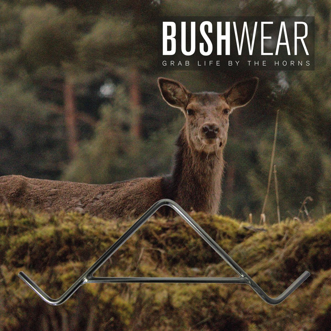 BushWear stainless steel deer gambrel shown alongside a red deer stag.