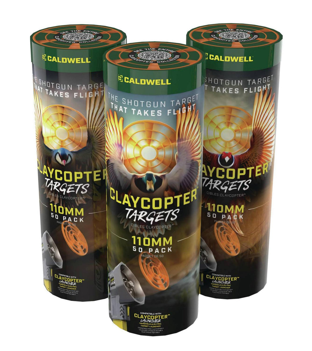 Three Caldwell ClayCopter Targets 110mm 50-pack tubes grouped together, green and black packaging with duck graphic (110mm size, not 90mm)