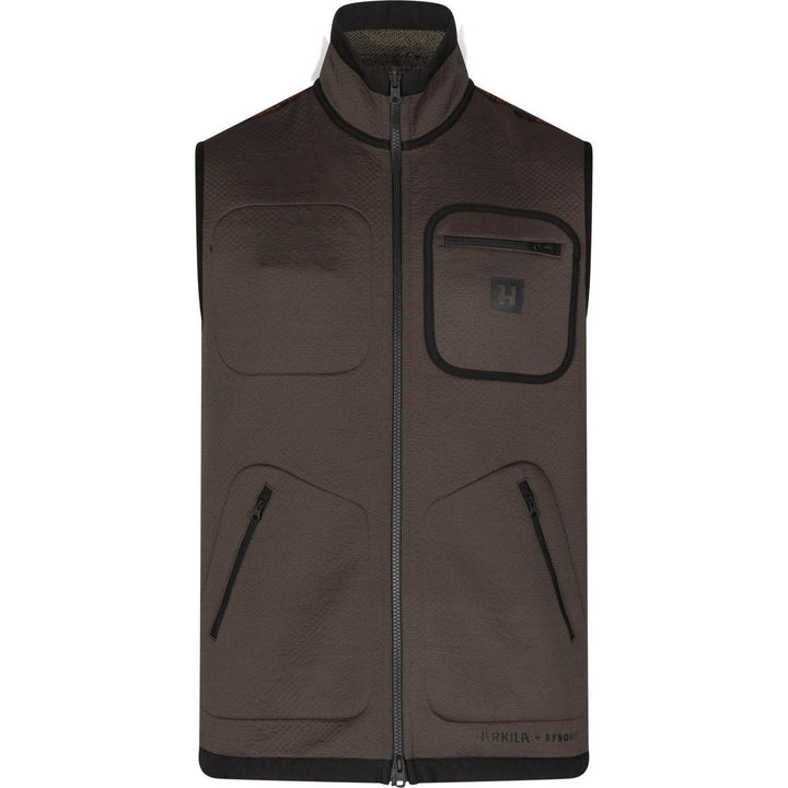 Härkila Kamko Pro Edition reversible waistcoat, solid brown side front view showing the same zip and pocket layout