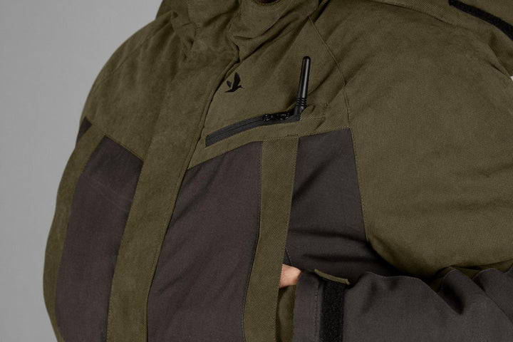 Close-up of the Seeland Taiga jacket's zipped chest pocket with a pen loop, side view