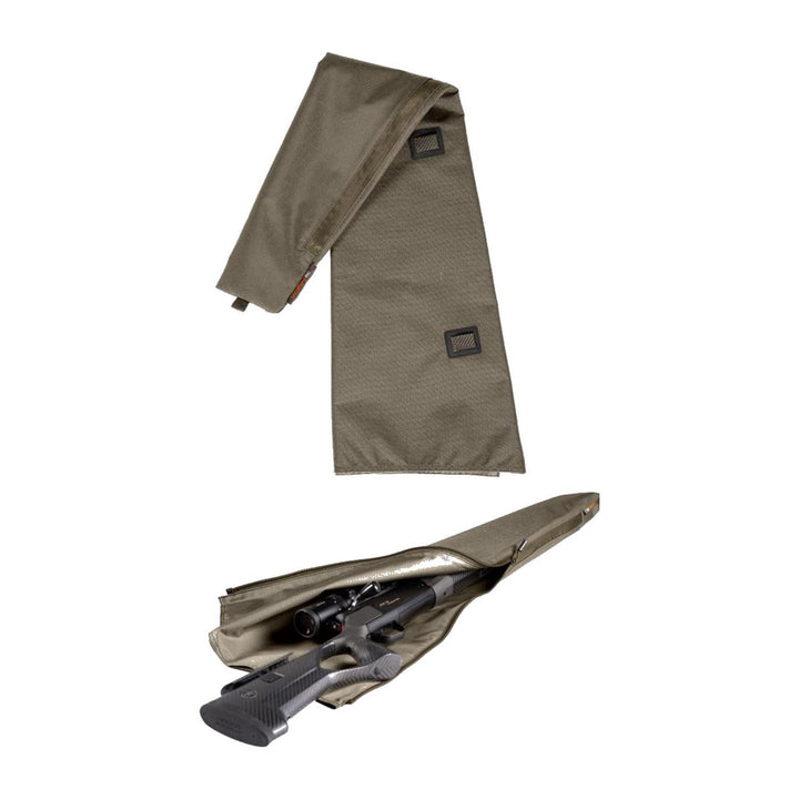 Vorn RC rifle cover in olive Cordura, shown folded with hook-and-loop tabs above and fitted over a scoped bolt-action rifle below.