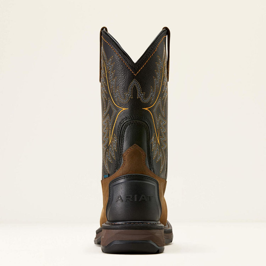 Ariat WorkHog XT boot rear view, black V-notch shaft with yellow embroidery and the Ariat heel logo