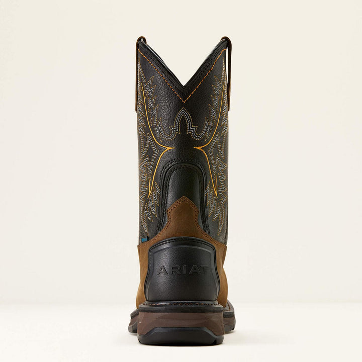 Ariat WorkHog XT boot rear view, black V-notch shaft with yellow embroidery and the Ariat heel logo