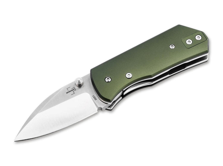 Böker Plus Lefti folding knife with olive green anodised aluminium handle and satin wharncliffe-style blade, open side view