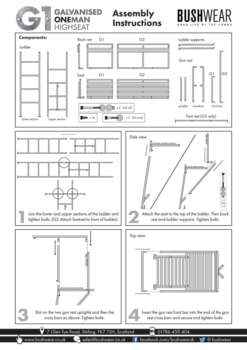 Printed assembly-instructions diagram for the BushWear galvanised highseat