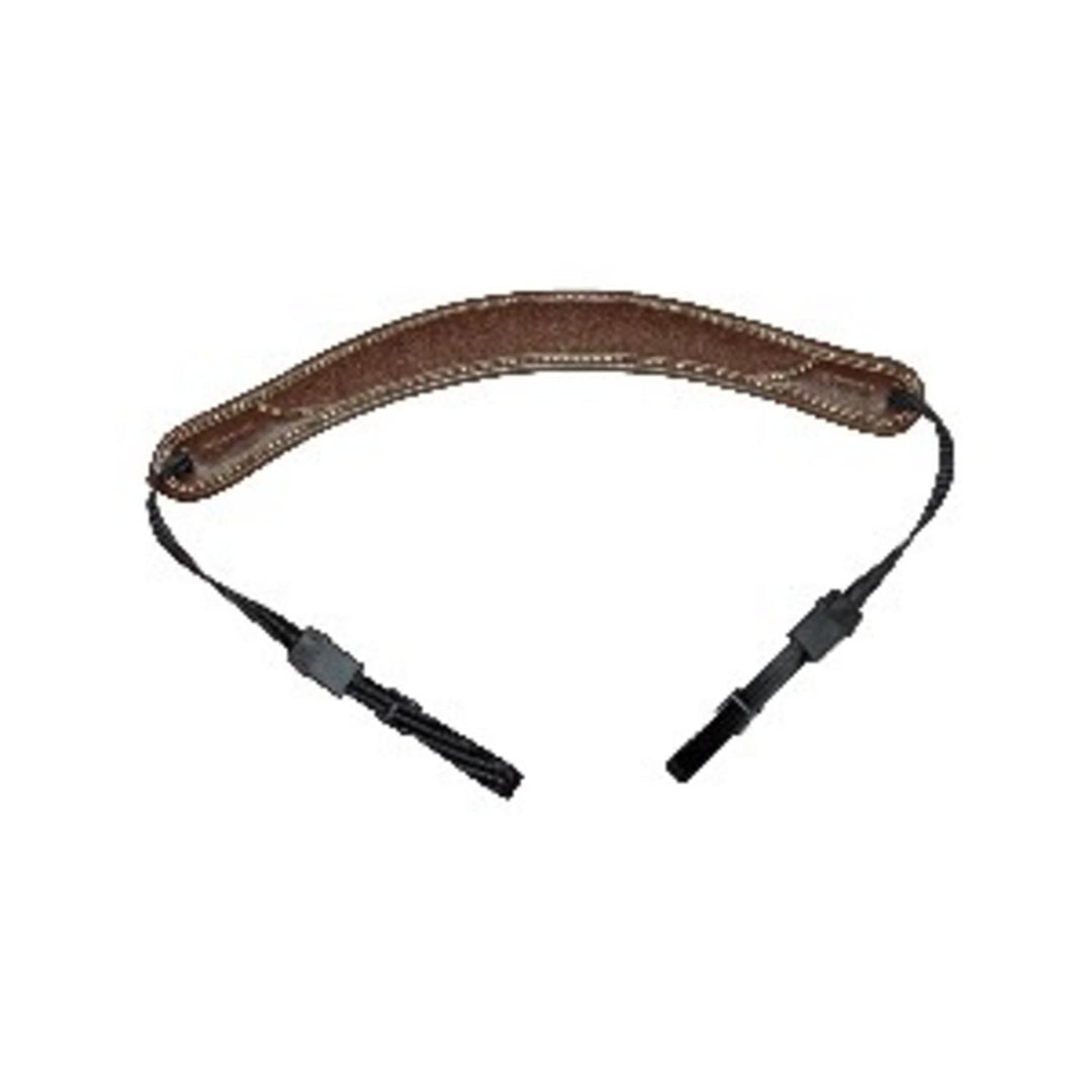 Niggeloh Classic binocular strap in loden brown with padded neck section and black clip ends, front view