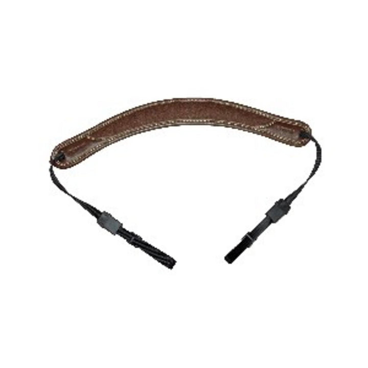 Niggeloh Classic binocular strap in loden brown with padded neck section and black clip ends, front view