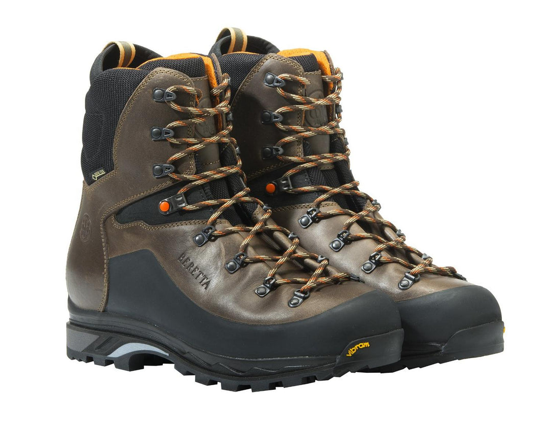 Beretta Trail MID GTX hunting boots, pair shown three-quarter front view in brown leather with black rubber toe and heel