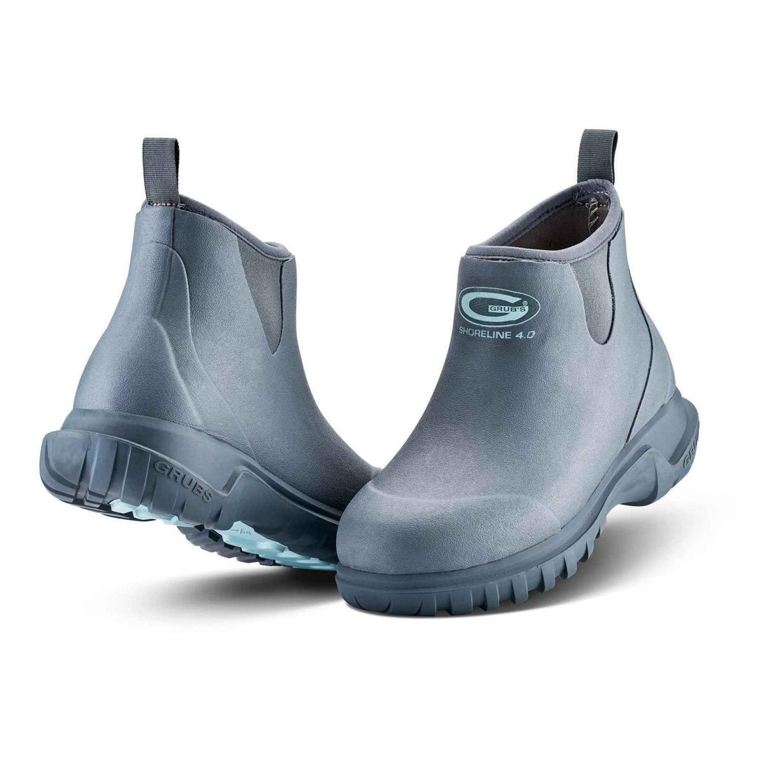 Grubs Shoreline 4.0 waterproof walking boots in grey with pull tabs, pair shown from the front three-quarter