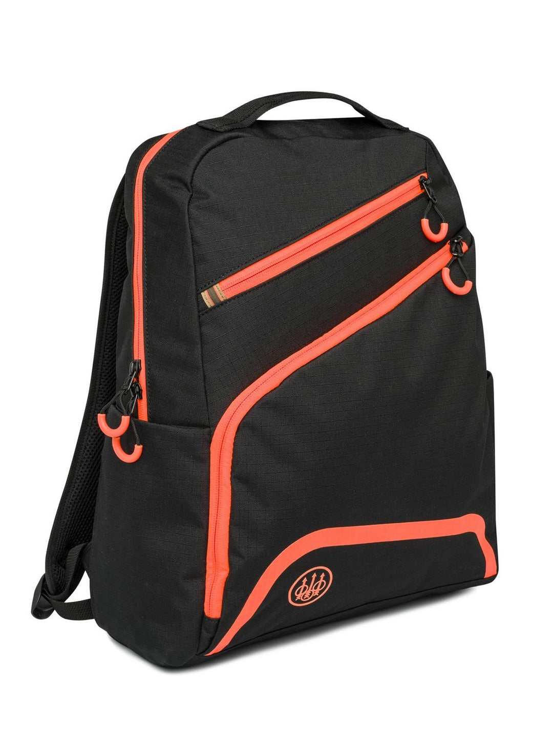 Beretta Challenge Backpack 18L in black with orange zip trim, three-quarter front view showing the twin diagonal zips, grab handle and orange Beretta trident logo.