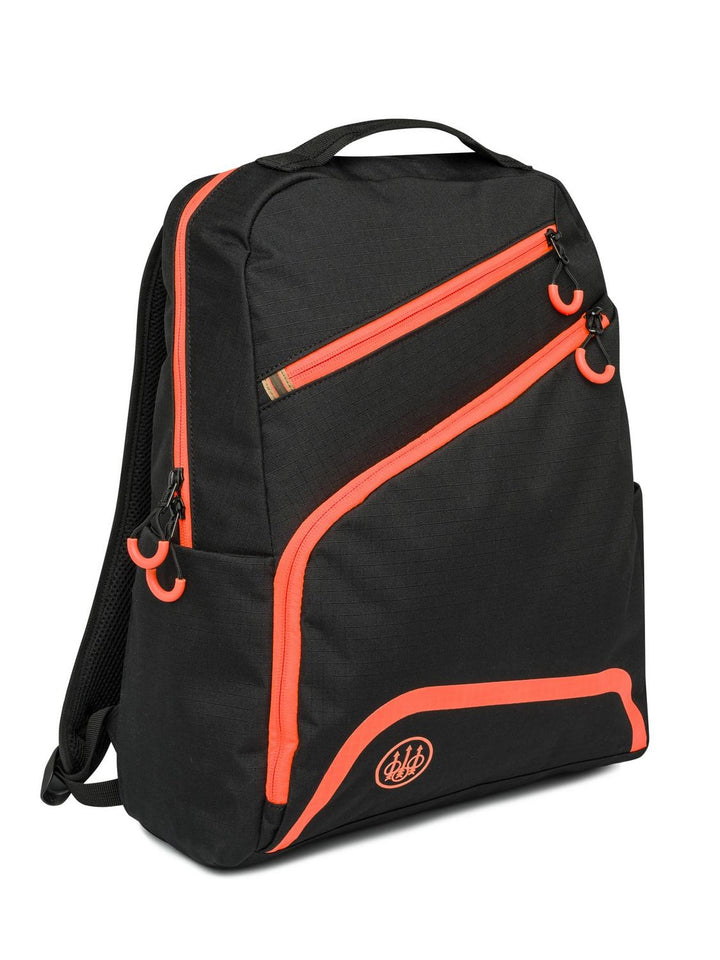 Beretta Challenge Backpack 18L in black with orange zip trim, three-quarter front view showing the twin diagonal zips, grab handle and orange Beretta trident logo.