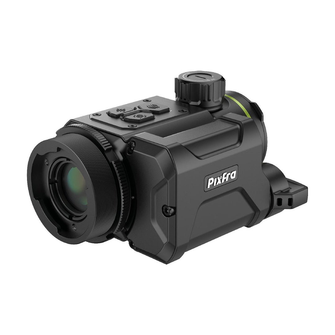 Pixfra Taurus T650 LRF from the objective end, showing the green-coated germanium lens, focus ring and Pixfra branding
