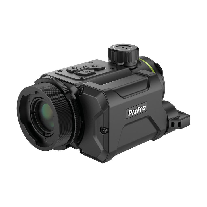 Pixfra Taurus T650 LRF from the objective end, showing the green-coated germanium lens, focus ring and Pixfra branding