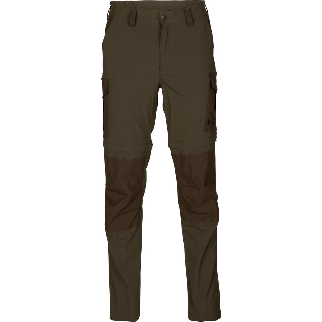 Seeland Birch zip-off trousers in olive green with dark brown reinforced seat and knees, flat front view showing thigh cargo pockets and the leg zip lines