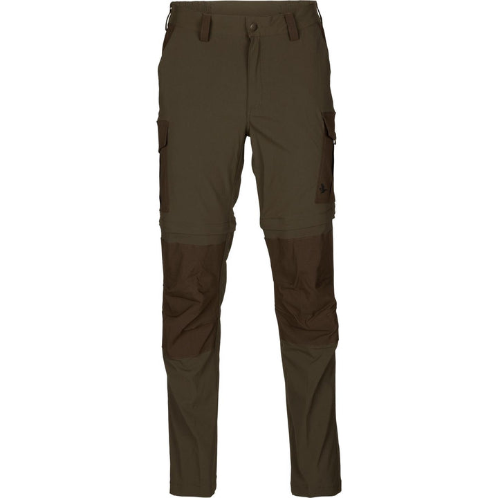 Seeland Birch zip-off trousers in olive green with dark brown reinforced seat and knees, flat front view showing thigh cargo pockets and the leg zip lines