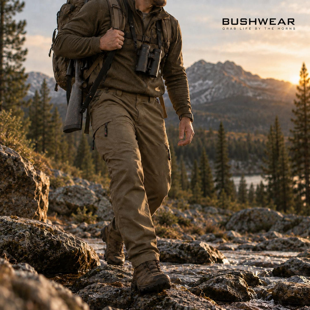 Hunter with backpack and binoculars walking beside a mountain river wearing the No Tick Forest Trousers, BushWear logo overlay