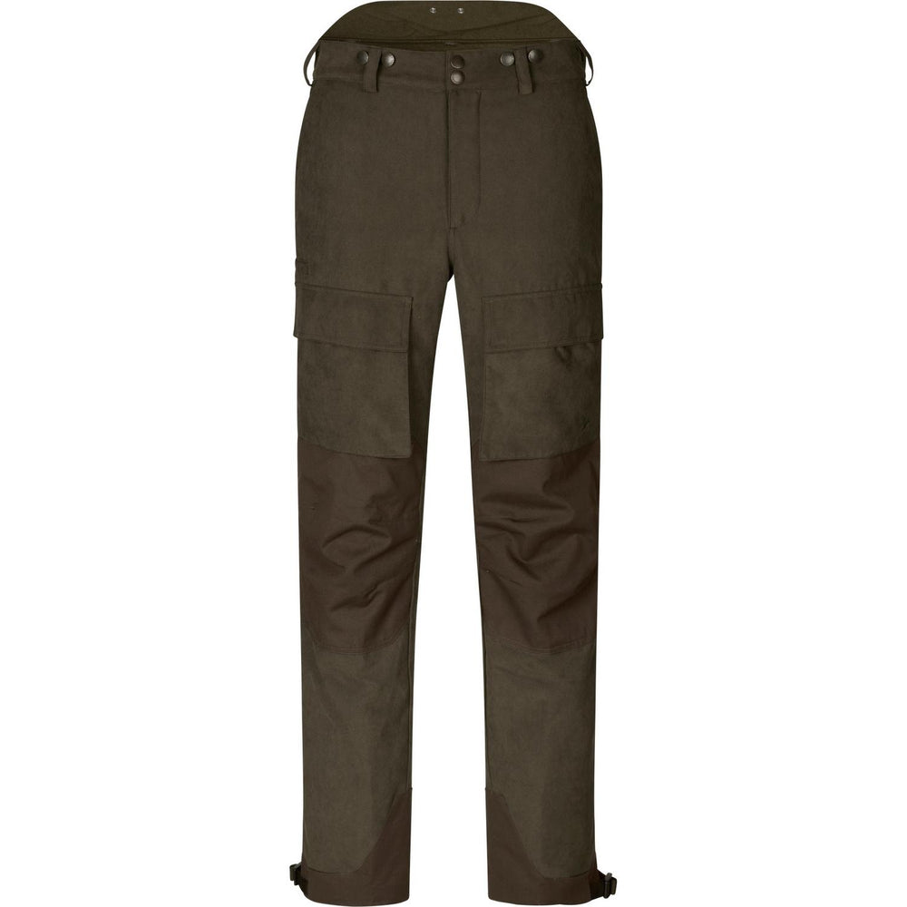 Seeland Helt II trousers, front view of the brown cargo-style trousers with side pockets and waist popper fastenings