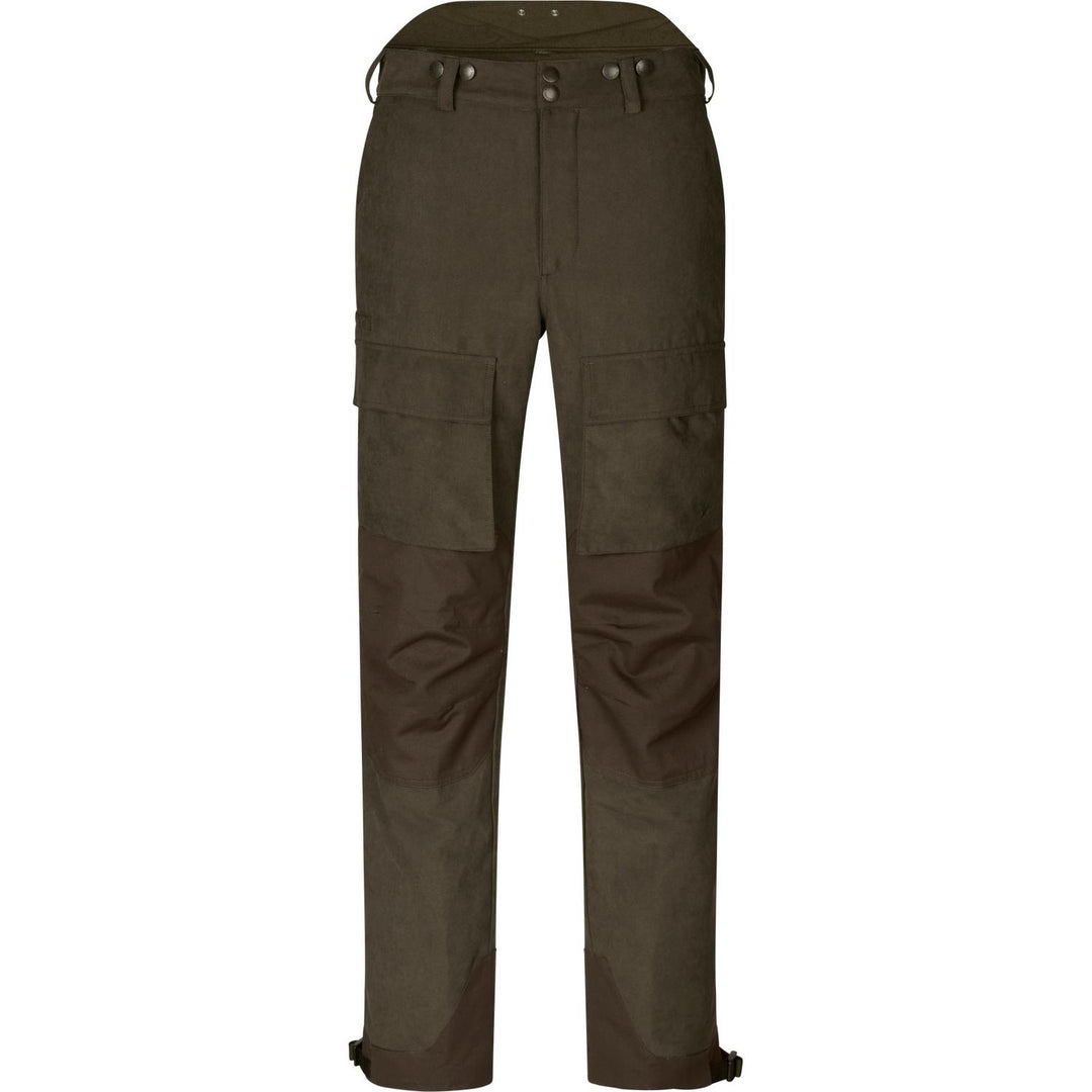 Seeland Helt II trousers, front view of the brown cargo-style trousers with side pockets and waist popper fastenings