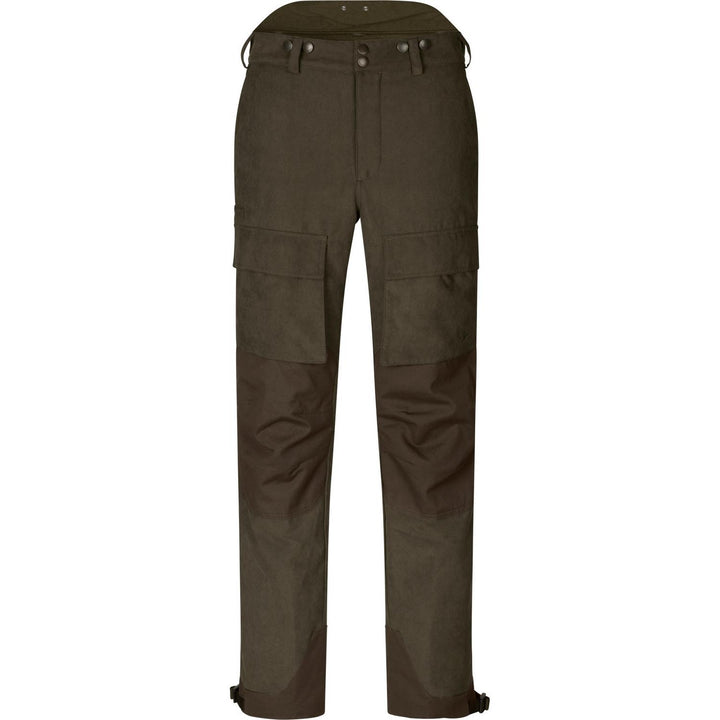 Seeland Helt II trousers, front view of the brown cargo-style trousers with side pockets and waist popper fastenings