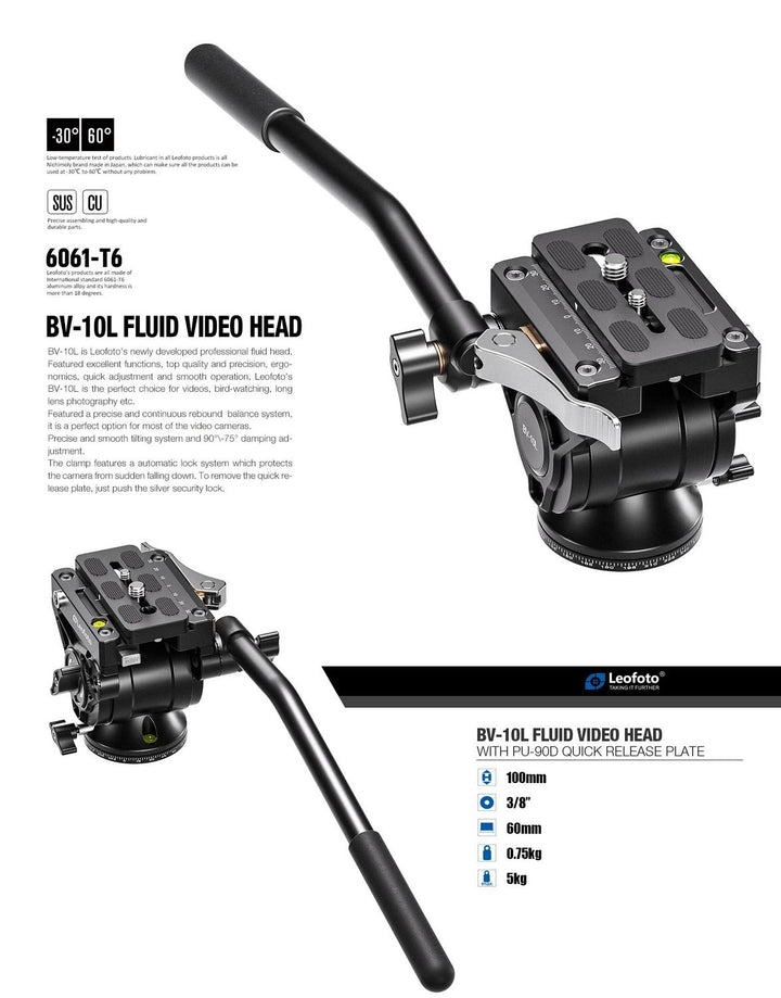 Leofoto BV-10L Fluid Video Head with Lever-Release Arca Clamp