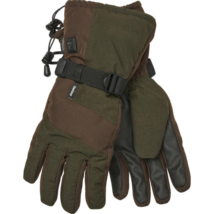Seeland Celsius Heat heated hunting gloves in Pine green two-tone ripstop with a black wrist strap, drawcord gauntlet cuffs and dark leather palms, pair shown on white