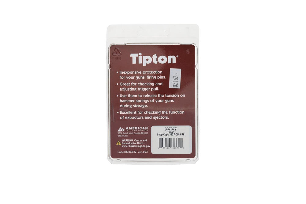 Tipton snap caps retail blister pack, red and white backing card listing the uses - protecting firing pins, checking trigger pull and releasing hammer spring tension