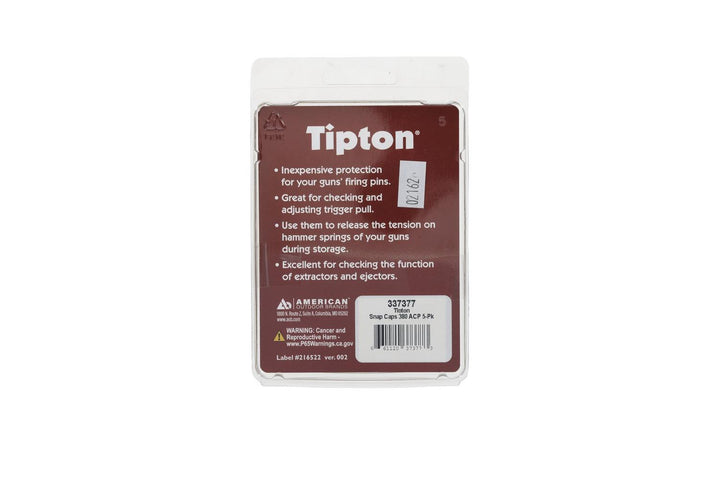 Tipton snap caps retail blister pack, red and white backing card listing the uses - protecting firing pins, checking trigger pull and releasing hammer spring tension
