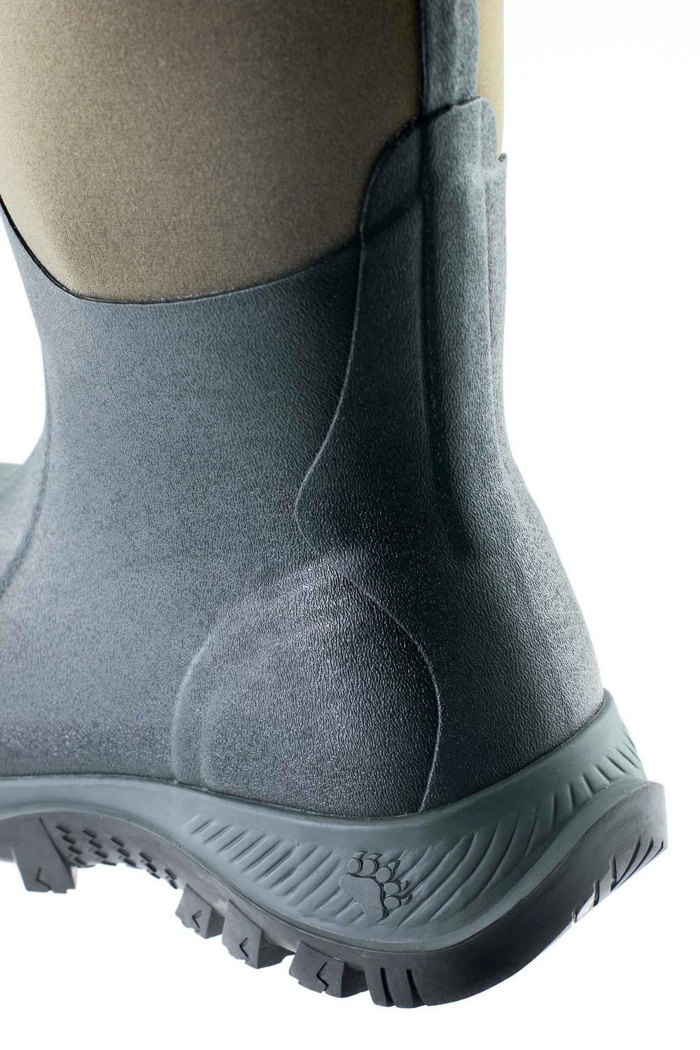 Rear view of the heel and lower shaft of an olive Grubs Bearline 8.5 wellington boot with paw print on the sole edge