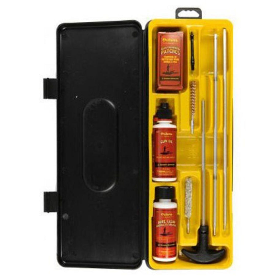 Outers aluminium rod rifle cleaning kit for .30-.32 calibre in an open black and yellow storage box with oils, rods and brushes