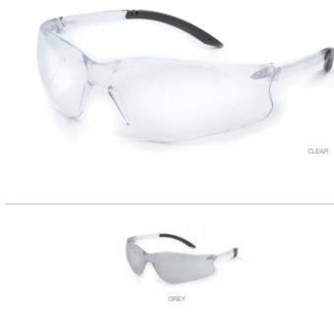 Catalogue graphic showing Riley Fabri safety glasses in the clear lens option, with a smaller image of the grey lens option below