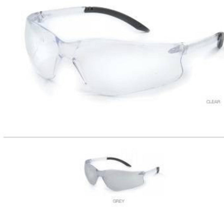 Catalogue graphic showing Riley Fabri safety glasses in the clear lens option, with a smaller image of the grey lens option below
