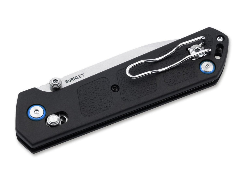 Böker Plus Kihon DC 2.0 black handle back view showing steel pocket clip and blue pivot detail, Burnley marking
