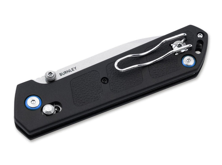 Böker Plus Kihon DC 2.0 black handle back view showing steel pocket clip and blue pivot detail, Burnley marking