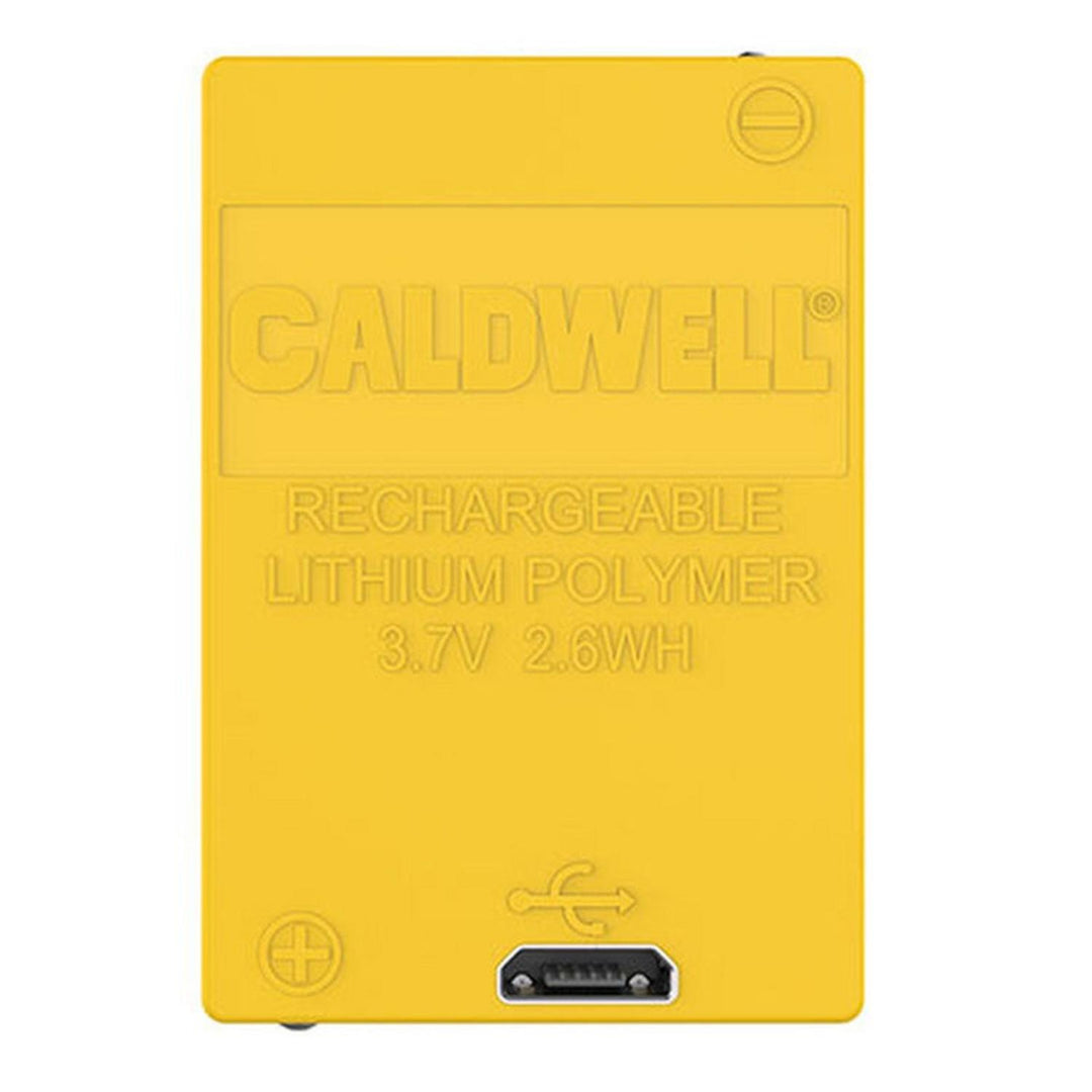 Caldwell E-MAX Pro rechargeable battery pack, yellow moulded lithium polymer cell marked 3.7V 2.6WH with a micro-USB charging socket, shown front-on