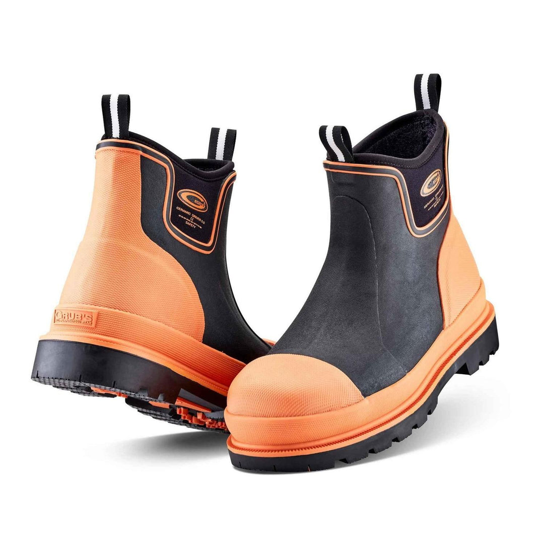 Grubs Ceramic Driver 5.0 S5 non-metallic safety ankle boots in black with orange toe cap and trim, pair three-quarter view
