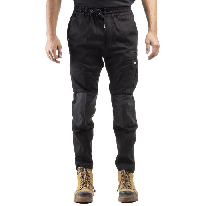 Caterpillar Dynamic trouser in black, front view on a model with elasticated drawstring waist, cargo pocket and knee panels