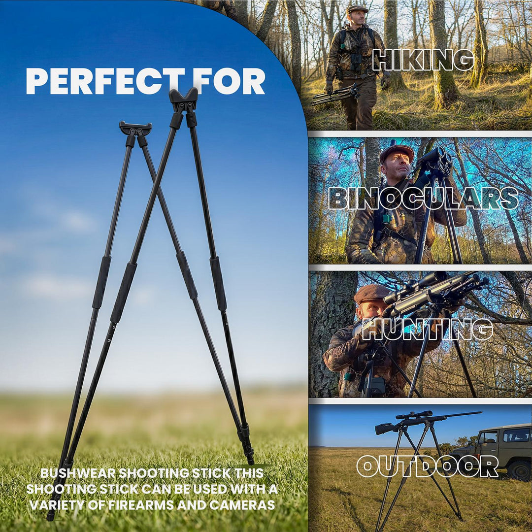 'Perfect For' infographic showing the BushWear 4 Leg Shooting Stick used for rifle shooting and glassing with binoculars