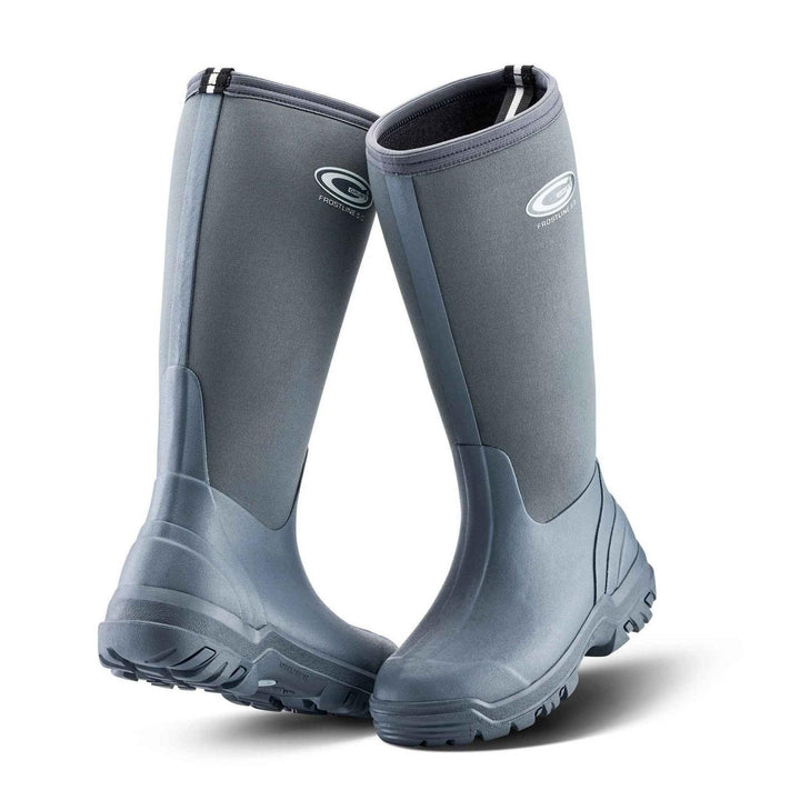 Grubs Frostline 5.0 insulated wellington boots in grey, pair shown from the front three-quarter with neoprene upper