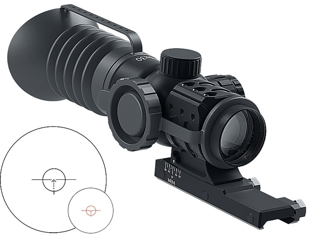 Immersive Optics 5x30 prismatic scope on its MOA adjustable mount, three-quarter front view, with inset circles showing the MilDot Rapid reticle in black and red