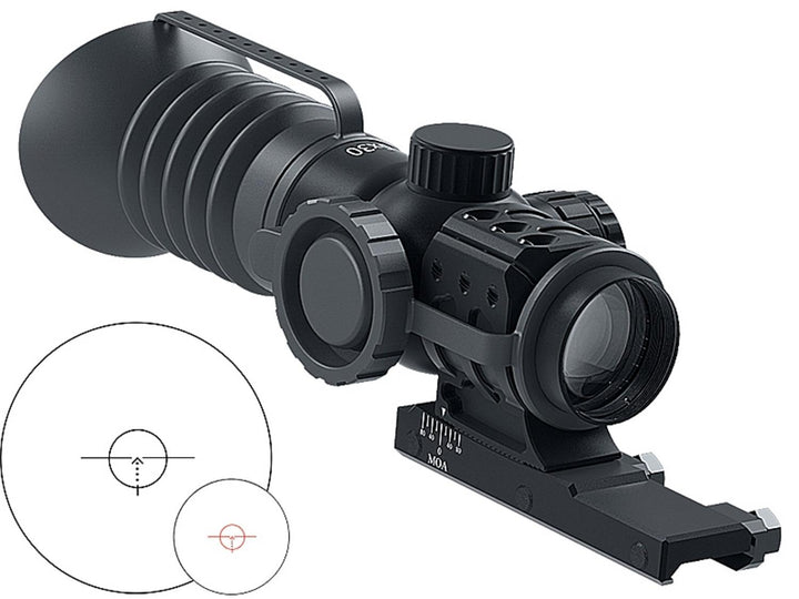 Immersive Optics 5x30 prismatic scope on its MOA adjustable mount, three-quarter front view, with inset circles showing the MilDot Rapid reticle in black and red