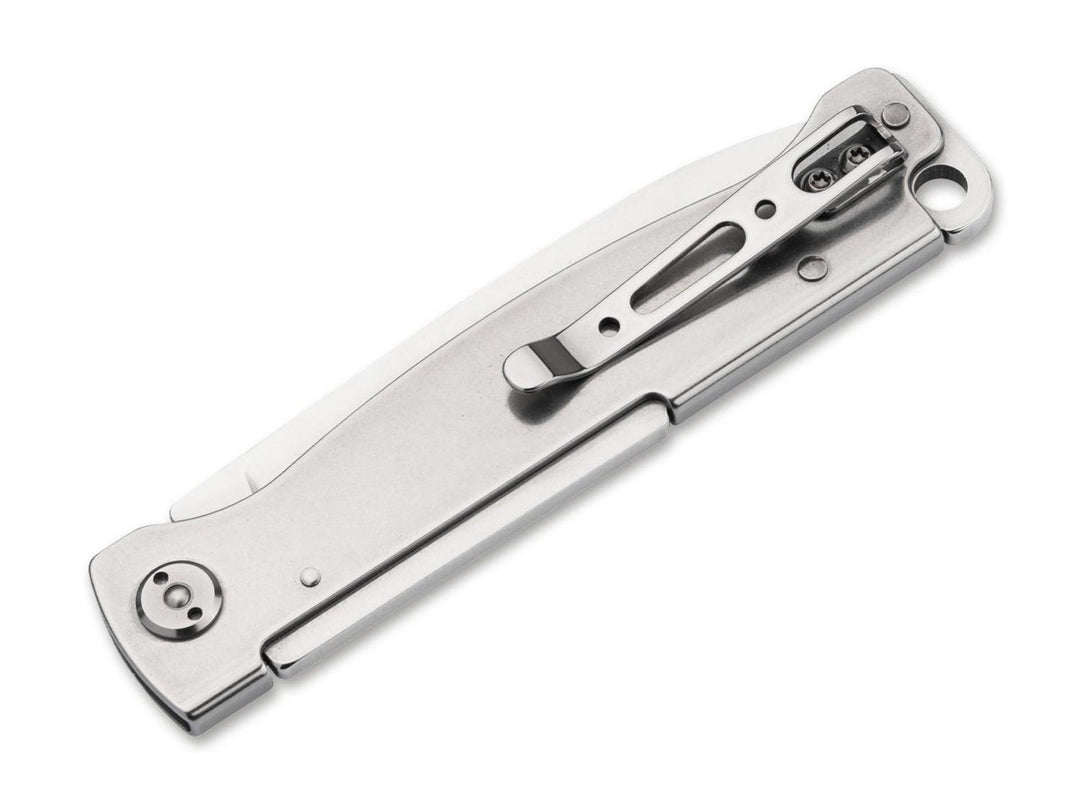 Böker Plus Atlas Stonewash folding knife closed, showing steel handle and pocket clip, angled view