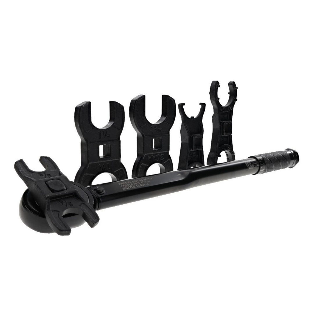 Wheeler Delta Series XL Fat Wrench complete AR-15 crowfoot set, black torque wrench laid behind a row of four crowfoot attachments