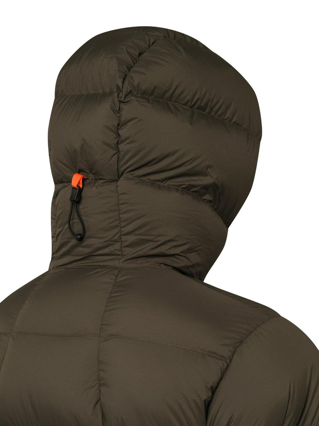 Detail of the Svalbard jacket's insulated hood seen from behind, with an orange adjustment cord and toggle at the rear of the crown.