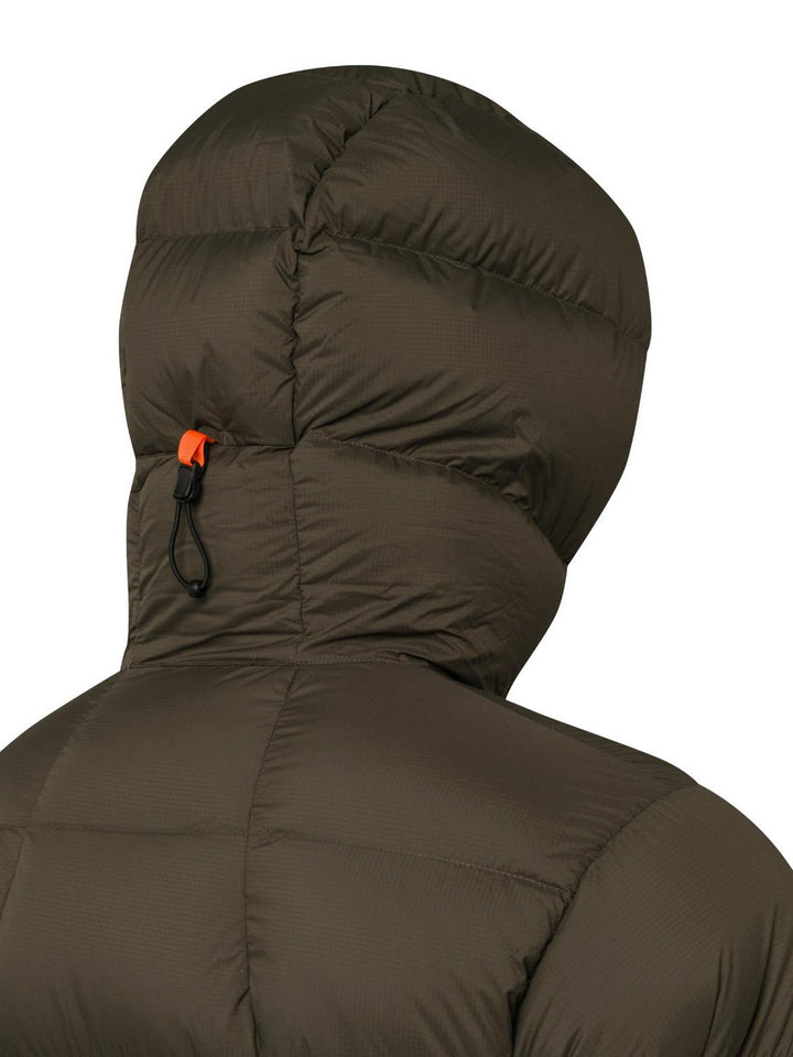 Detail of the Svalbard jacket's insulated hood seen from behind, with an orange adjustment cord and toggle at the rear of the crown.