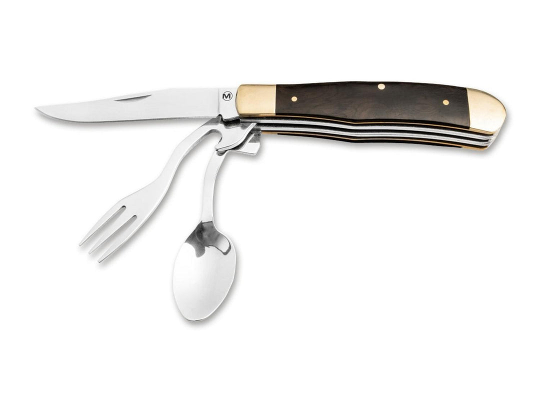 Böker Magnum Bon Appetite folding camping cutlery set, side view with knife blade, fork and spoon extended from the handle