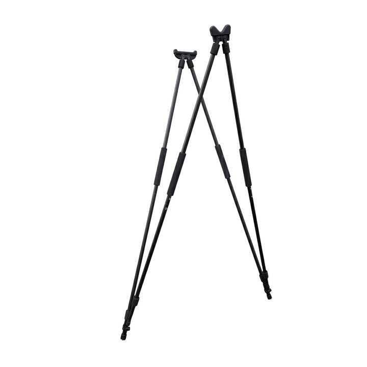BushWear 4 Leg Shooting Stick, black telescopic quad shooting sticks with a padded V-yoke gun rest, standing upright against white