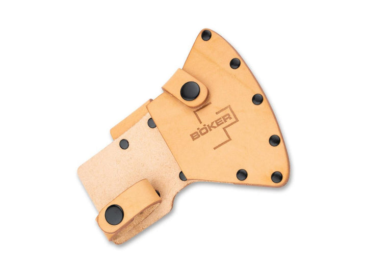 Böker Plus Appalachian axe sheath in natural tan leather with black rivets and embossed Böker logo, top view