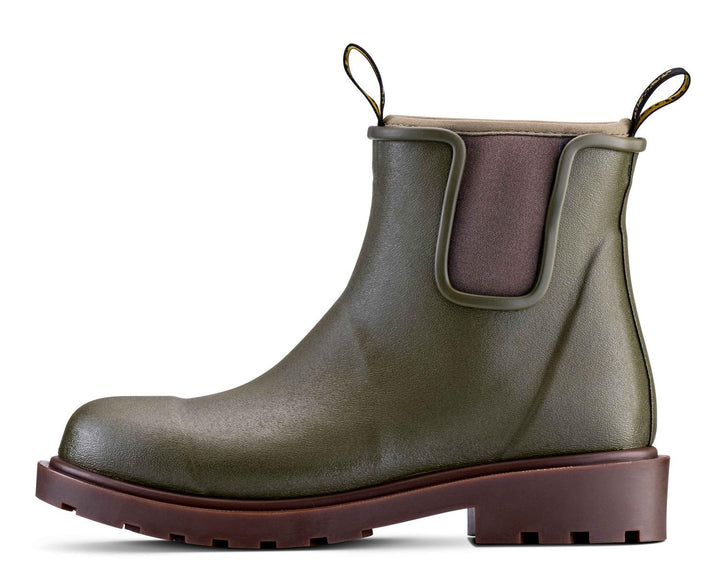 Grubs Bromley 4.0 women's waterproof Chelsea boot in olive green with brown sole, side view