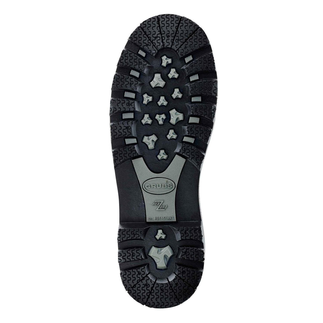 Grubs Ceramic 5.0 S5 safety wellington boot, black and grey sole shown from below with tread pattern