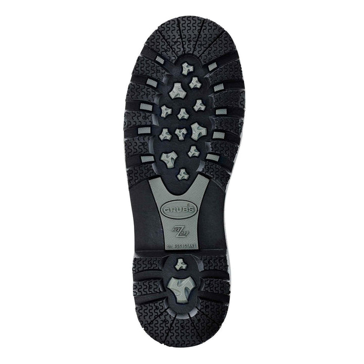 Grubs Ceramic 5.0 S5 safety wellington boot, black and grey sole shown from below with tread pattern